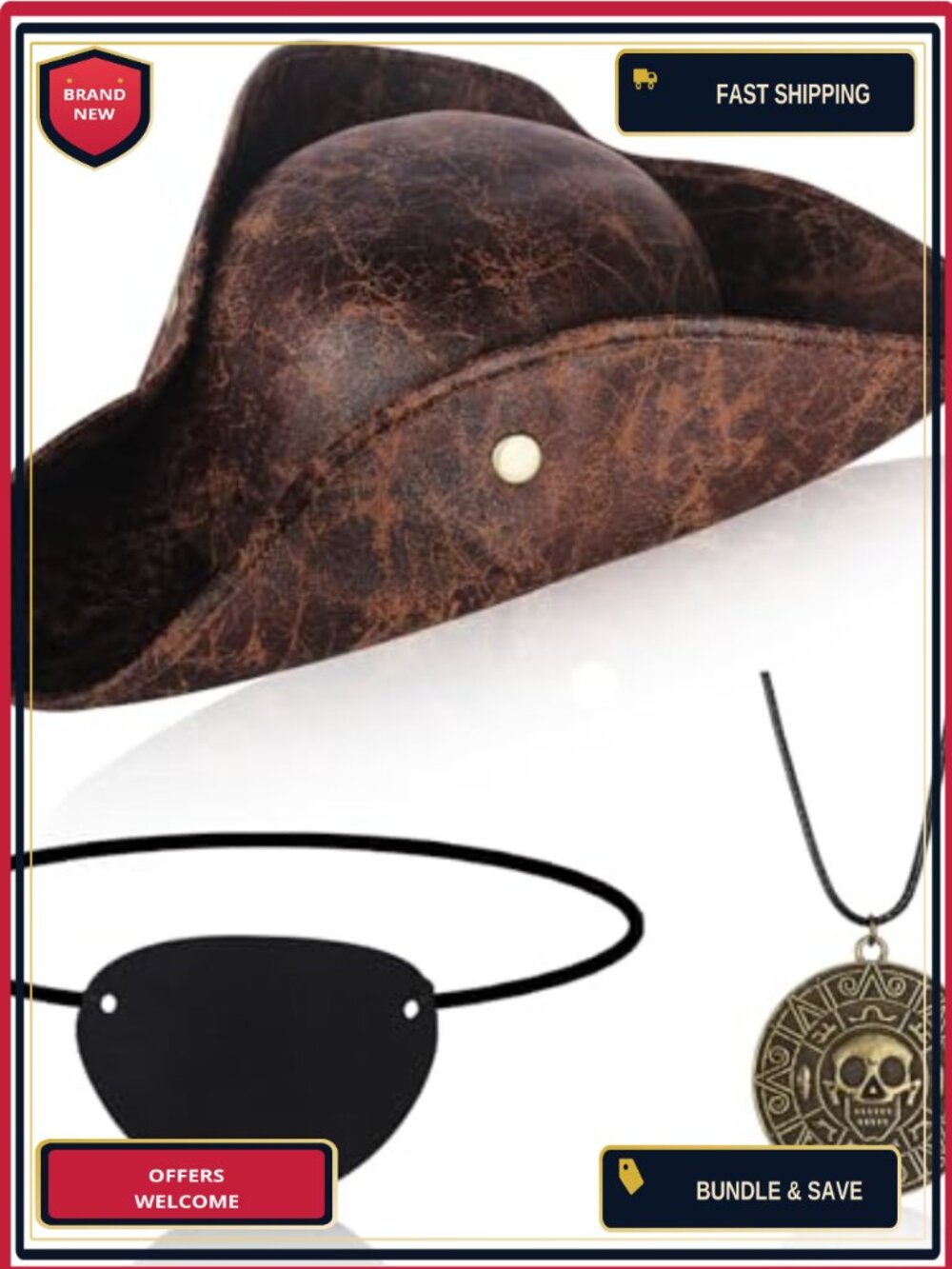 Faux Leather Pirate Hat Eye Patch Necklace Costume Accessory Set